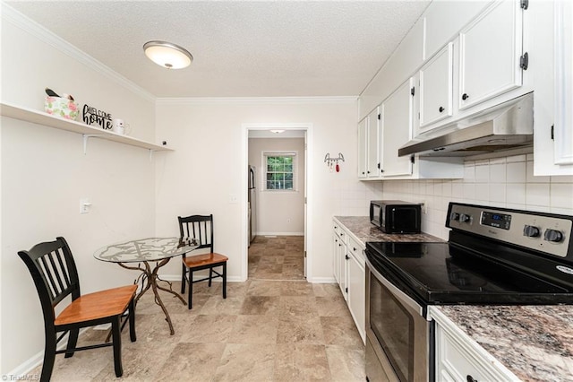 kitchen with white cabinets, crown molding, tasteful backsplash, and stainless steel electric range