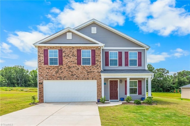 141 Nova Ln, King, NC 27021 - traditional home with driveway, a garage, a front lawn, and brick siding