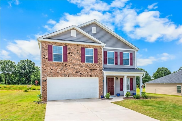 141 Nova Ln, King, NC 27021 - traditional home featuring driveway, a front yard, a garage, and brick siding