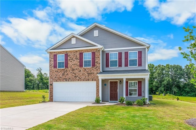 141 Nova Ln, King, NC 27021 - traditional-style house featuring an attached garage, a front lawn, driveway, and brick siding