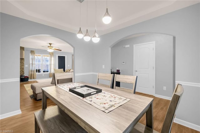 dining area featuring a raised ceiling, ceiling fan, and wood-type flooring