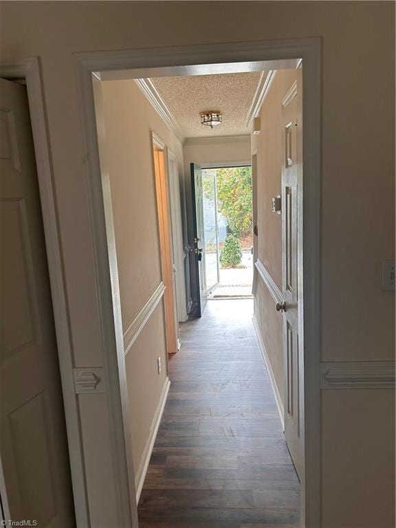 hallway with ornamental molding, a textured ceiling, and wood finished floors