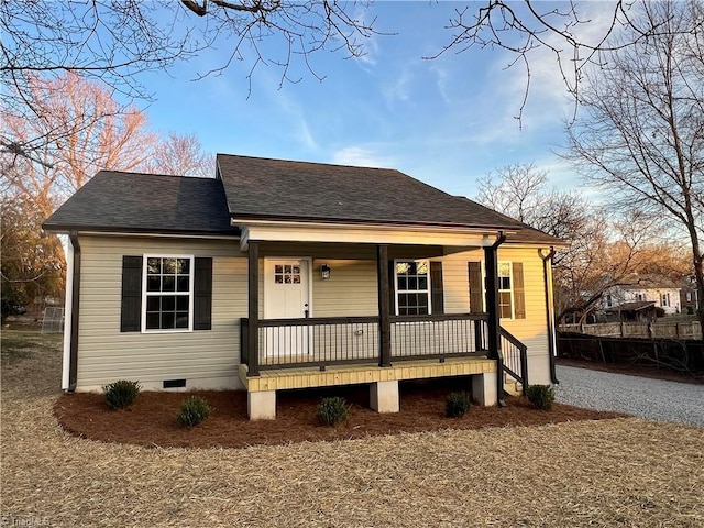 bungalow featuring covered porch, a shingled roof, and gravel driveway