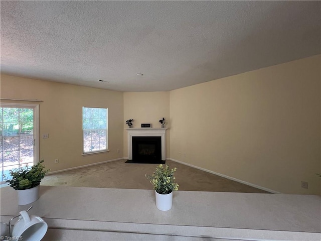 3931 Fountain Village Ln, High Point, NC 27265 - unfurnished living room featuring carpet floors, a textured ceiling, a fireplace with flush hearth, and baseboards