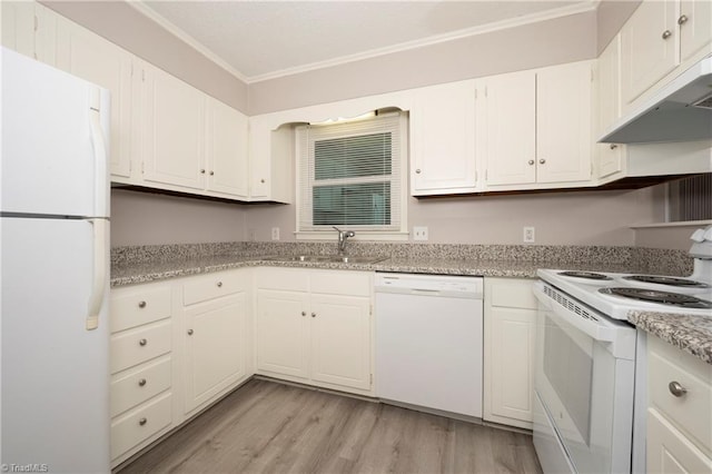 kitchen with ornamental molding, white appliances, sink, light hardwood / wood-style floors, and white cabinetry