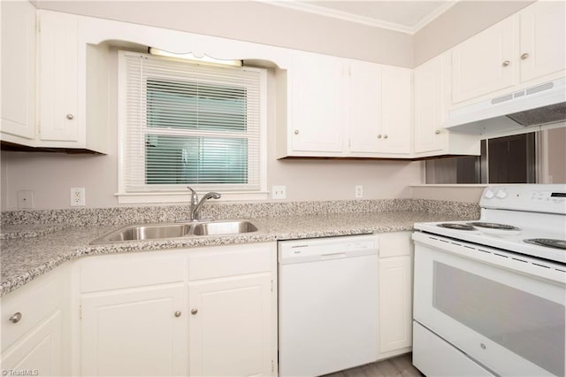 kitchen with white cabinets, white appliances, sink, and exhaust hood