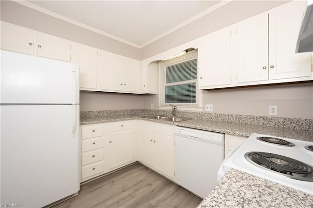 kitchen featuring sink, ornamental molding, white appliances, white cabinets, and light wood-type flooring