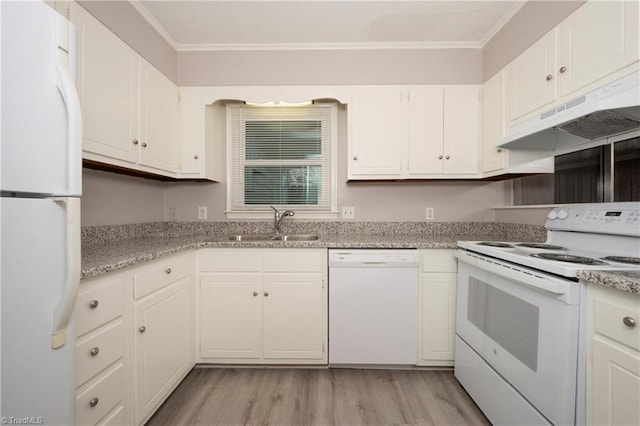 kitchen featuring sink, light hardwood / wood-style flooring, crown molding, white appliances, and white cabinets