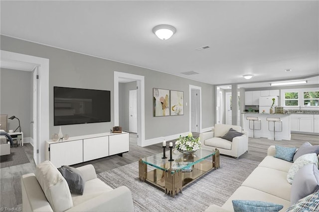 living room with hardwood / wood-style flooring and sink