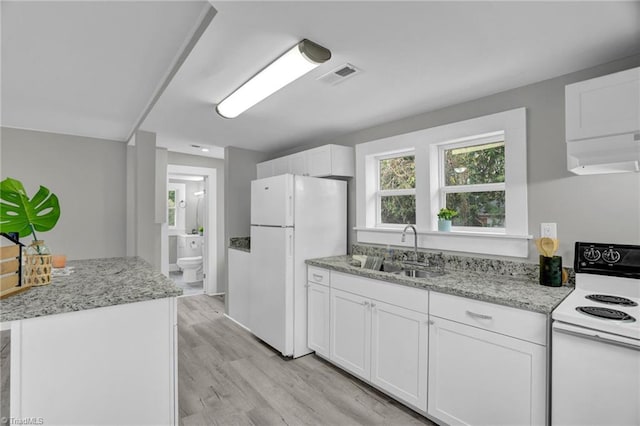 kitchen with range hood, white cabinetry, light wood-type flooring, sink, and white appliances