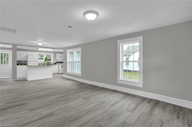 unfurnished living room featuring light wood-type flooring and a healthy amount of sunlight