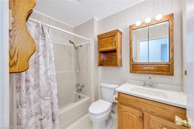 bathroom featuring vanity, toilet, crown molding, and shower / bathtub combination with curtain