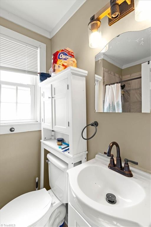 full bath with toilet, curtained shower, ornamental molding, and a sink