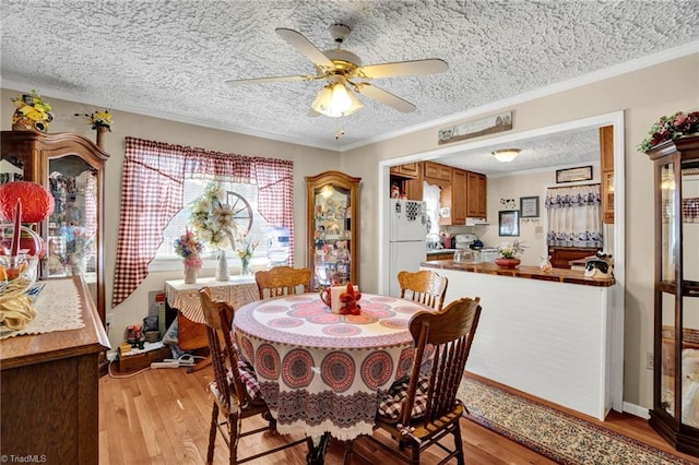 dining space with ceiling fan, light hardwood / wood-style floors, a textured ceiling, and ornamental molding