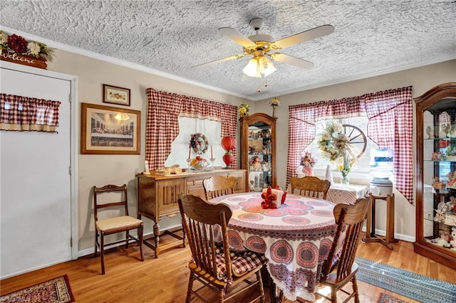 dining space featuring ceiling fan, a textured ceiling, and hardwood / wood-style flooring