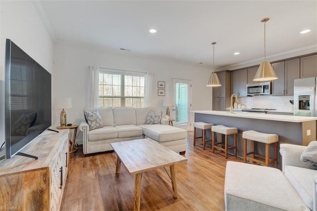 living room featuring sink, light wood-type flooring, and ornamental molding