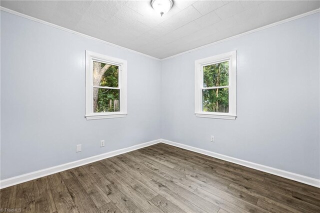 spare room featuring a wealth of natural light, crown molding, and hardwood / wood-style floors