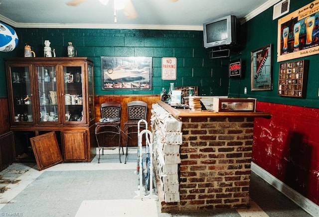 bar with ceiling fan and crown molding