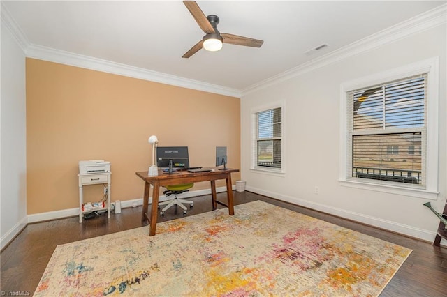 office featuring crown molding, dark hardwood / wood-style floors, and ceiling fan