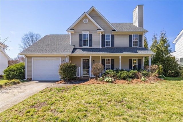 view of front of home with concrete driveway, a front yard, covered porch, a chimney, and a garage