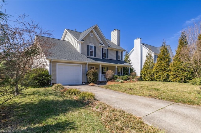 view of front of home with roof with shingles, a chimney, a front lawn, concrete driveway, and a garage