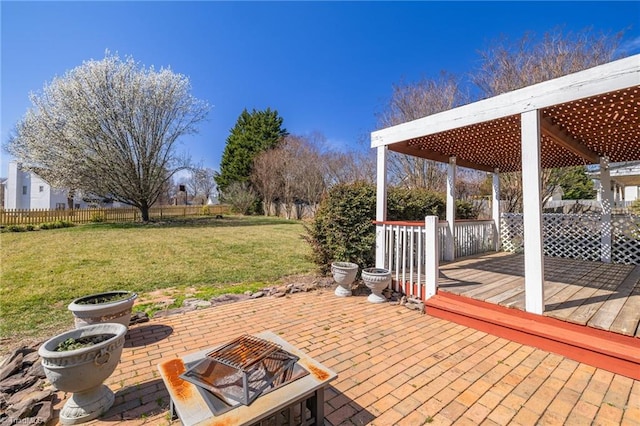 view of patio / terrace featuring a deck, a pergola, and fence