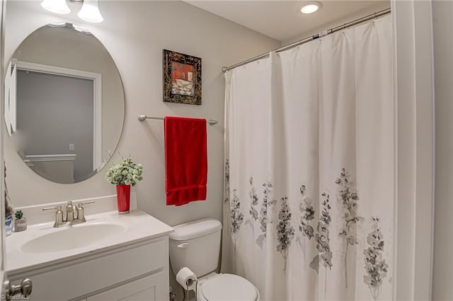 1438 Crestlawn Trl, Pfafftown, NC 27040 - bathroom featuring toilet, vanity, and curtained shower