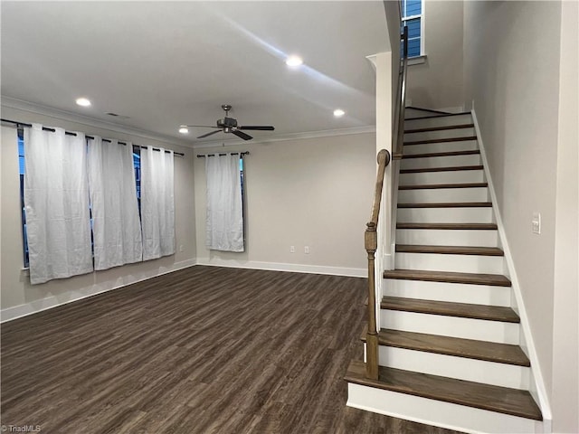 interior space with stairway, recessed lighting, a ceiling fan, and wood finished floors