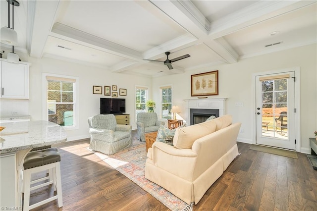 living room featuring coffered ceiling, ceiling fan, beam ceiling, and dark wood-type flooring