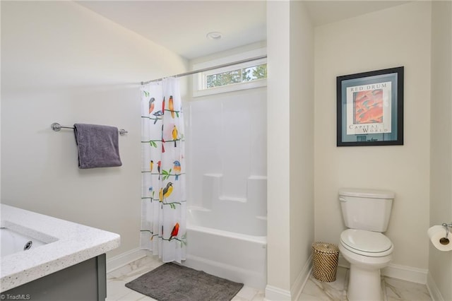 full bathroom featuring toilet, shower / bathtub combination with curtain, and vanity