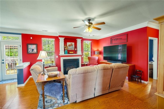 living area featuring crown molding, a ceiling fan, wood finished floors, a glass covered fireplace, and baseboards