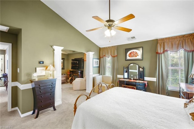 carpeted bedroom featuring decorative columns, multiple windows, high vaulted ceiling, ceiling fan, and baseboards