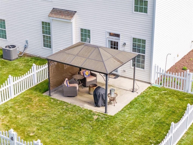 view of patio / terrace with central AC and a gazebo