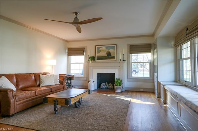 living area featuring hardwood / wood-style flooring, a fireplace with flush hearth, crown molding, and a wealth of natural light