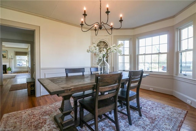 dining area with wood finished floors, crown molding, a fireplace, and a healthy amount of sunlight