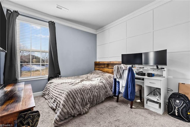 bedroom with light carpet and ornamental molding