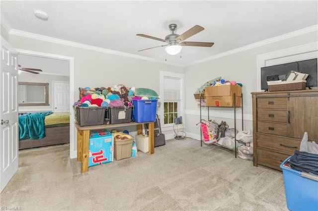 4814 Merrimac St, Winston-Salem, NC 27105 - rec room featuring carpet flooring, ceiling fan, ornamental molding, and a textured ceiling