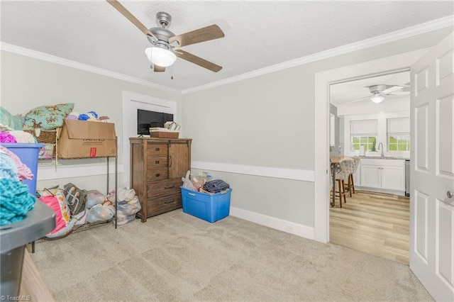4814 Merrimac St, Winston-Salem, NC 27105 - carpeted bedroom with crown molding, a textured ceiling, and a ceiling fan