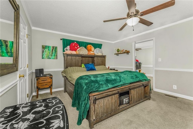 4814 Merrimac St, Winston-Salem, NC 27105 - bedroom featuring ornamental molding, carpet flooring, a textured ceiling, and ceiling fan
