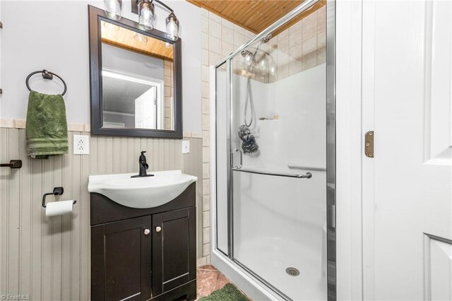 4814 Merrimac St, Winston-Salem, NC 27105 - full bath featuring a shower stall, vanity, a wainscoted wall, and wood ceiling