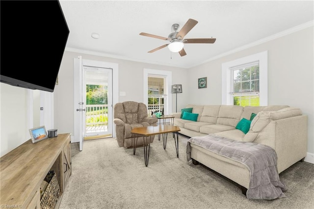 4814 Merrimac St, Winston-Salem, NC 27105 - living area with light colored carpet, ornamental molding, and ceiling fan
