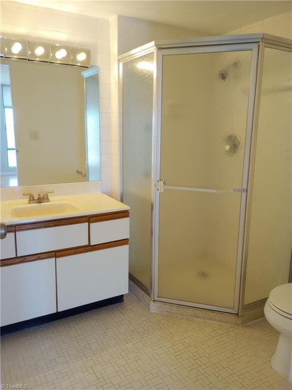 bathroom with vanity, an enclosed shower, and toilet