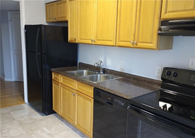 kitchen with sink, light hardwood / wood-style floors, range hood, and black appliances