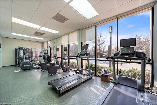 exercise room with a paneled ceiling and expansive windows