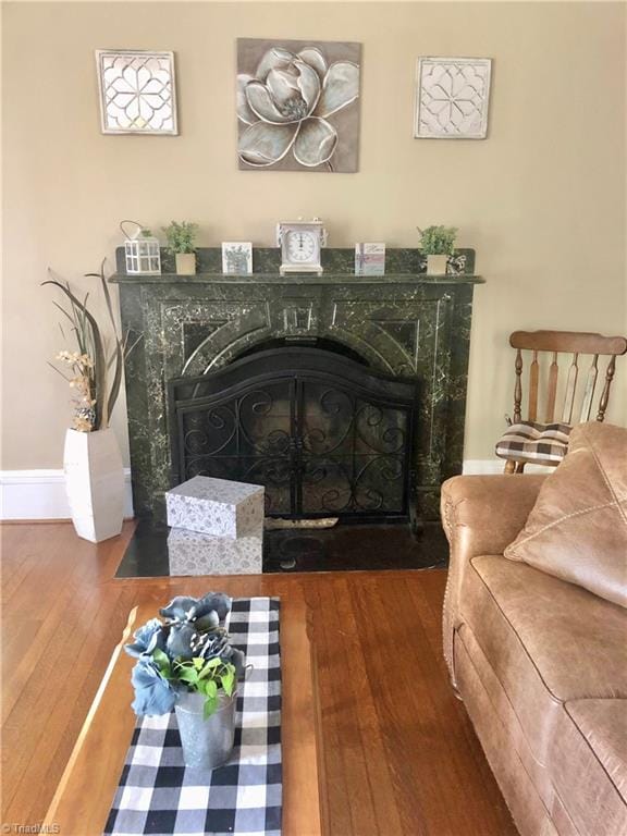 interior space with a fireplace and dark hardwood / wood-style floors