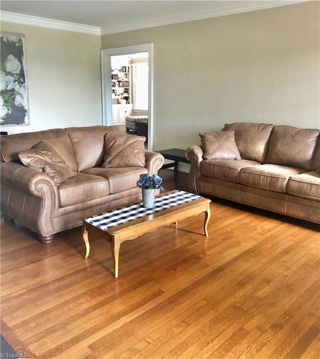 living room with ornamental molding and hardwood / wood-style floors