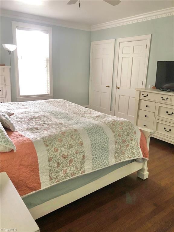 bedroom with ceiling fan, ornamental molding, and dark wood-type flooring