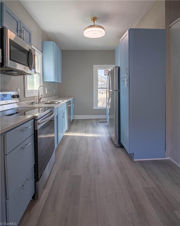 kitchen featuring blue cabinetry, appliances with stainless steel finishes, hardwood / wood-style floors, and sink