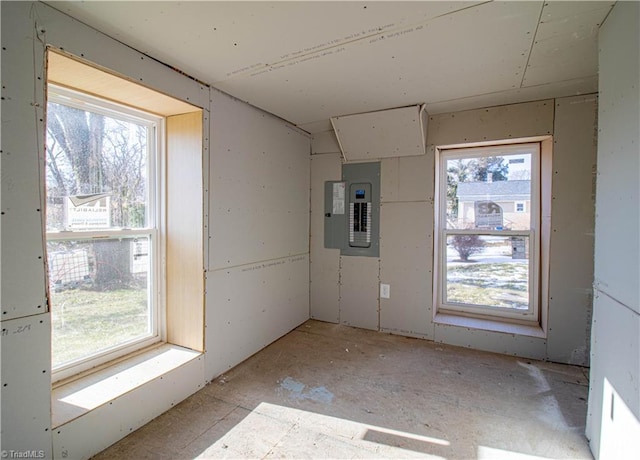 unfurnished room with electric panel and a healthy amount of sunlight