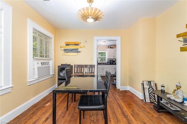 home office with dark wood-style floors, baseboards, a sink, and cooling unit